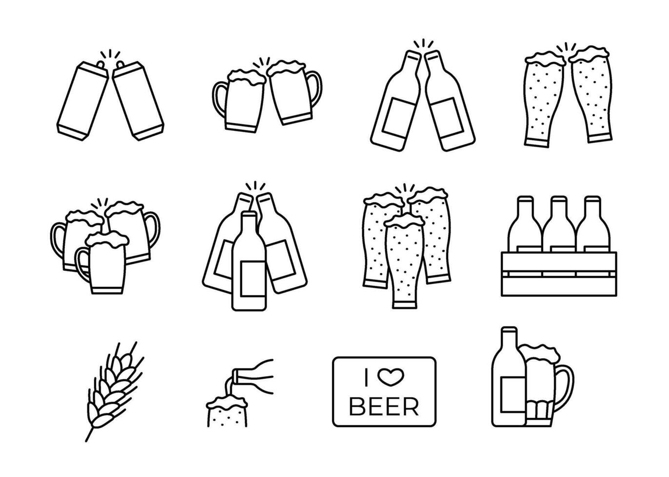 Beer in glass mug and bottle, pint alcohol with foam, line icon set. Cold relax alcoholic drink on holiday, clink glass in bar. Minimal simple design sign vector