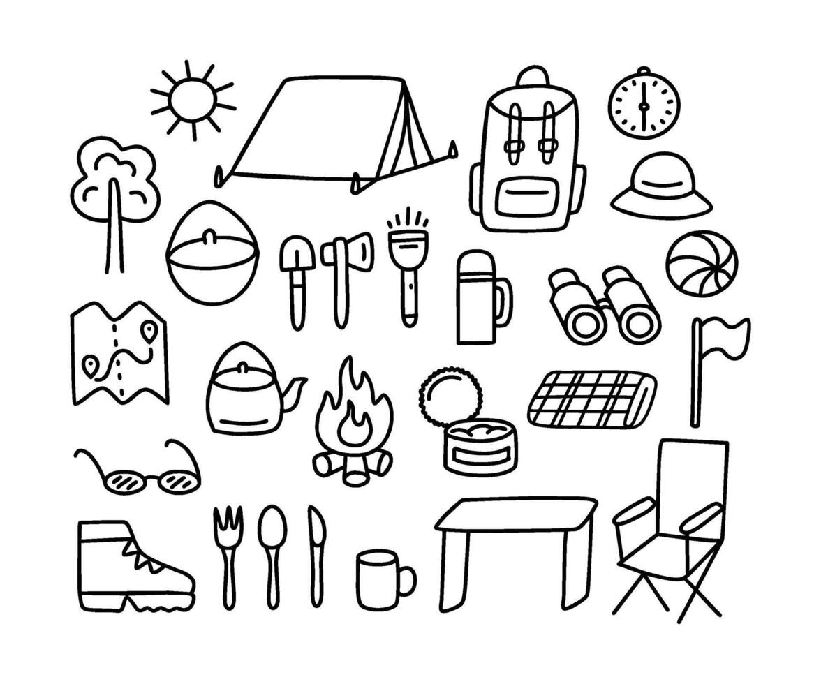 Camping and tourism equipment, doodle icon line art set. Hand drawn outline elements. Picnic on vacation, travel on nature illustration vector