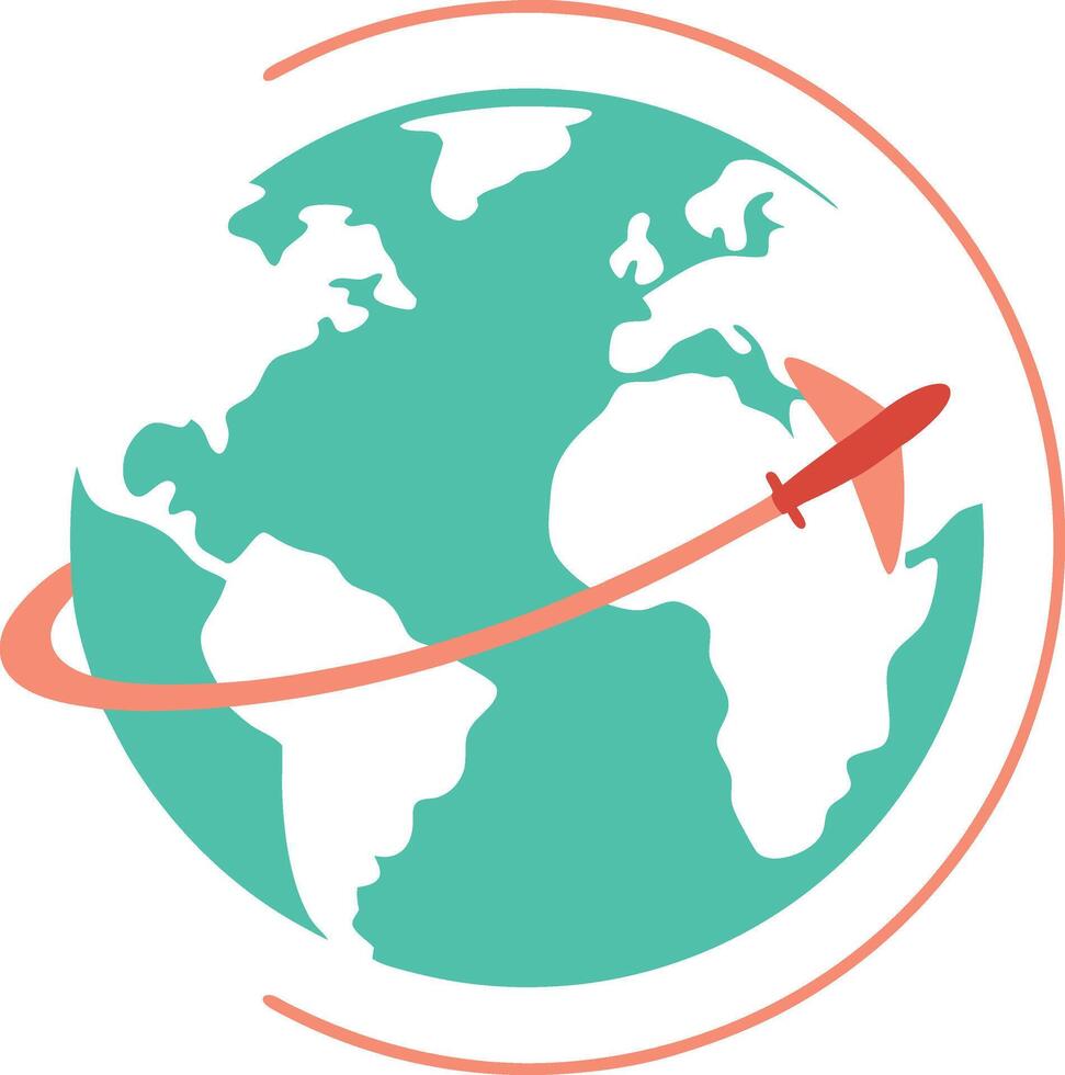 A plane flying around the earth with a red line vector