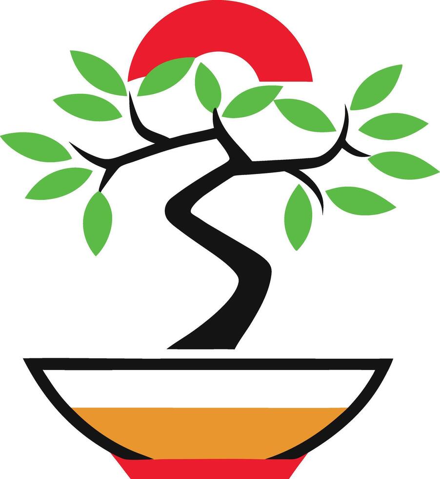 A bonsai tree in a bowl with a red and black leaf vector