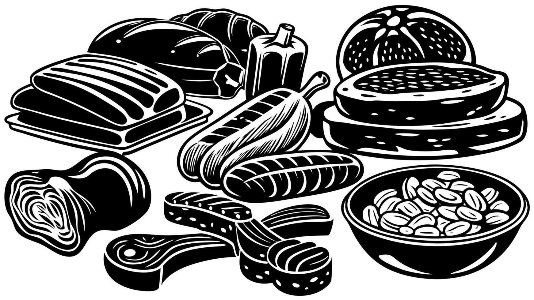 Gastronomic meat products sketches set vector