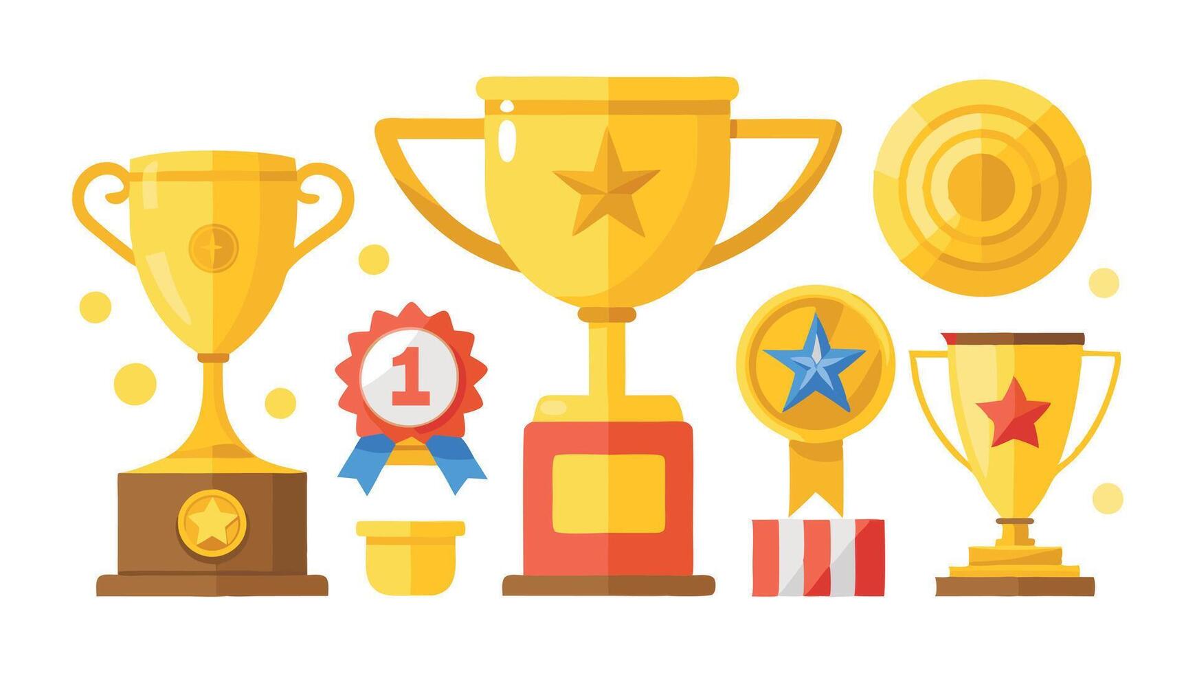 Gold cups and awards flat illustrations set. Collection of golden trophies and medals for winners isolated on white vector
