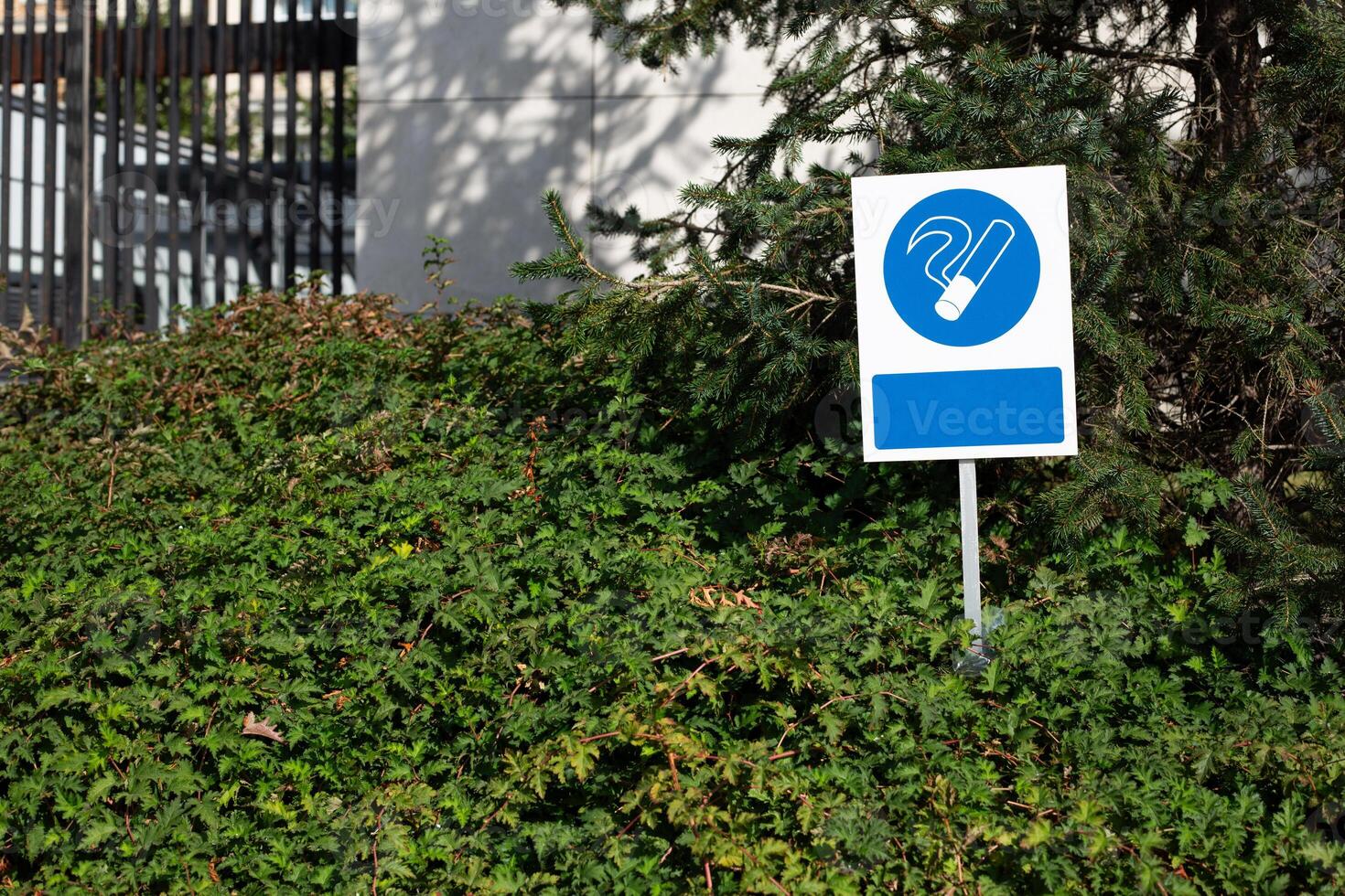 Sign with blue background to indicate smoking area. Permitted smoking area in park for people with bad habits against background of plants photo