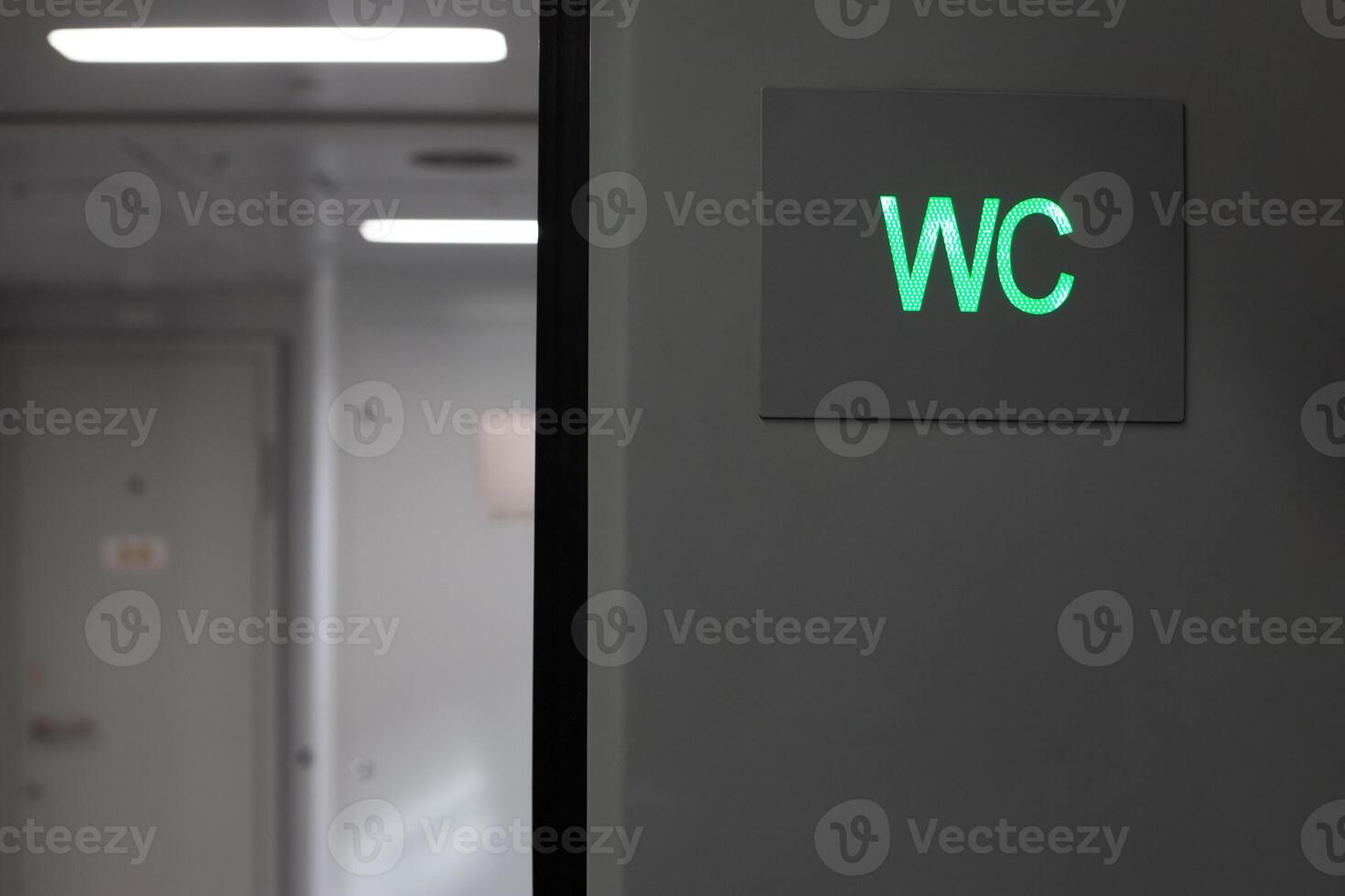 Toilet sign for men and women on train, toilet icon in the form of green WC inscription in public transport, restroom designation for transport passengers photo
