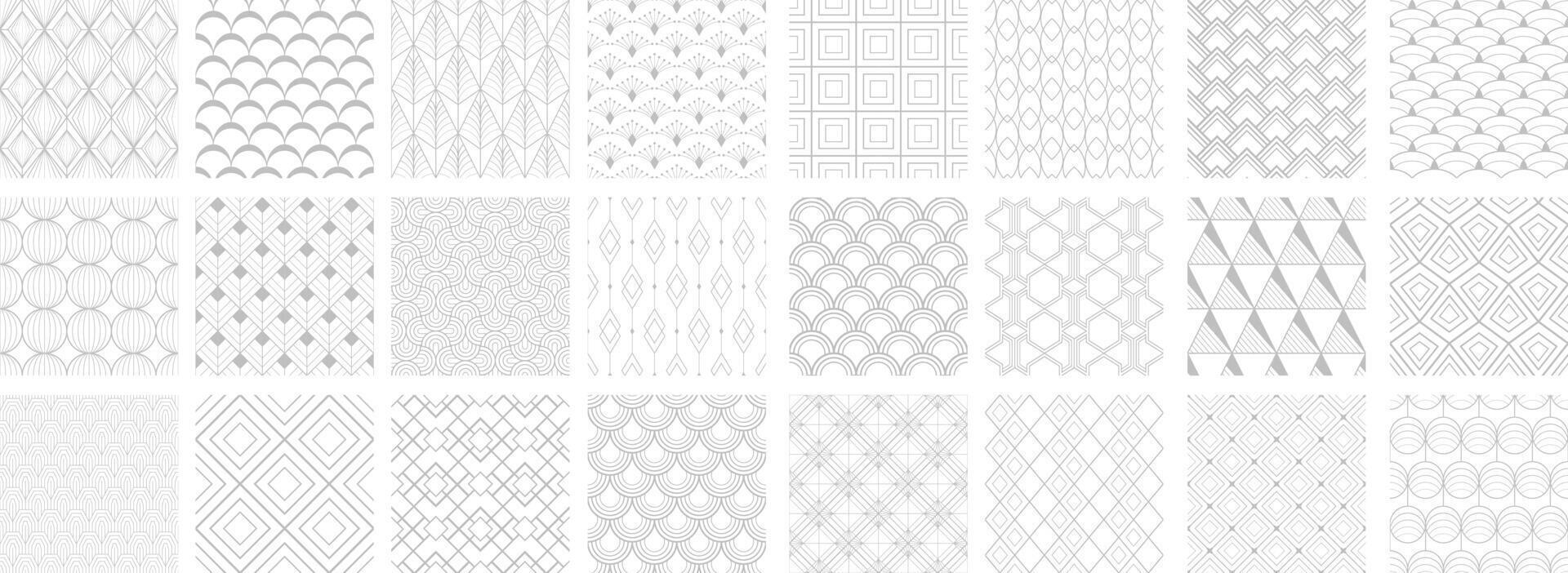 Collection of art deco seamless ornamental geometric patterns - delicate design. Repeatable oriental elegant backgrounds. White and gray outline prints vector