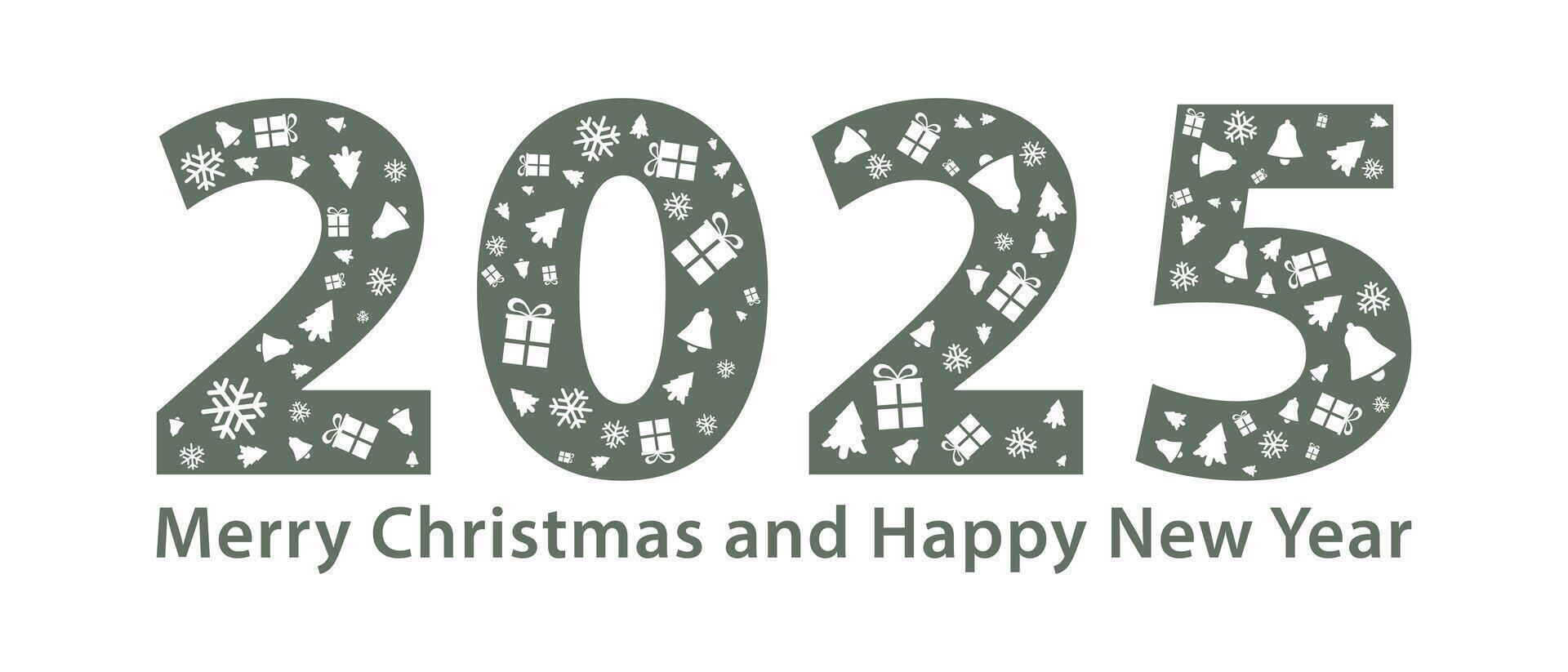 2025 merry christmas and happy new year text with snowflake bell gift vector