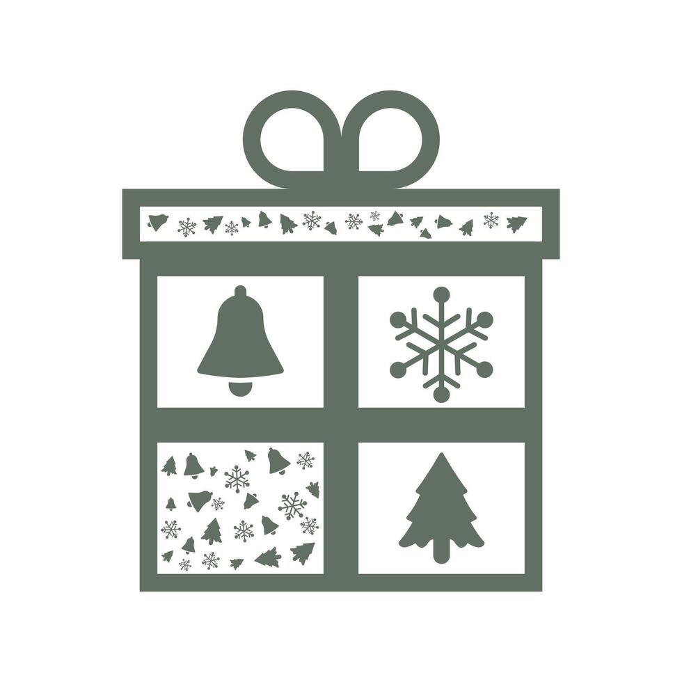 gift with snowflakes pine tree bells decoration vector