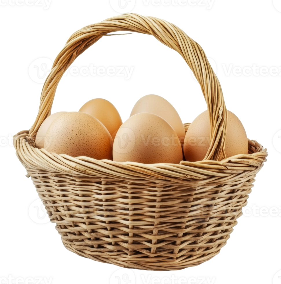 Fresh brown eggs in a wicker basket on display png