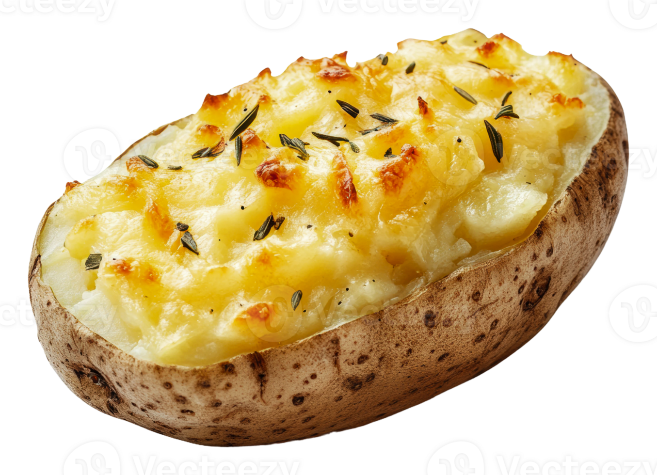Baked potato with cheesy topping and herbs png