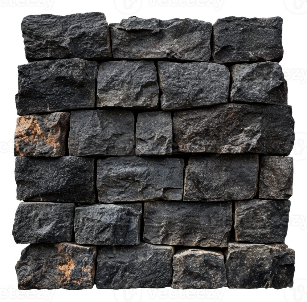 Dark stone wall made of rough textured blocks png