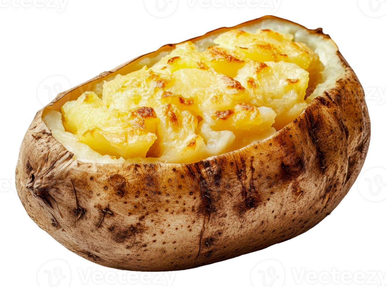 Baked potato topped with creamy cheese in kitchen png