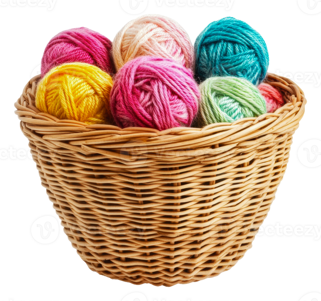 Colorful yarn balls in a woven basket display png
