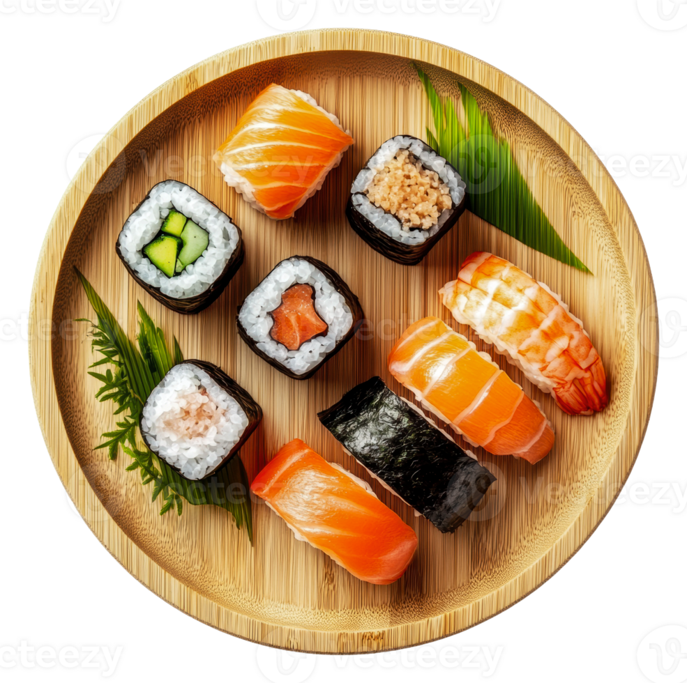 Sushi platter on bamboo dish png