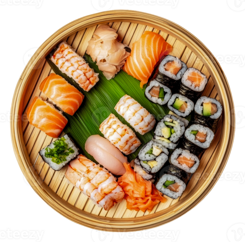Sushi platter featuring assorted rolls and sashimi png