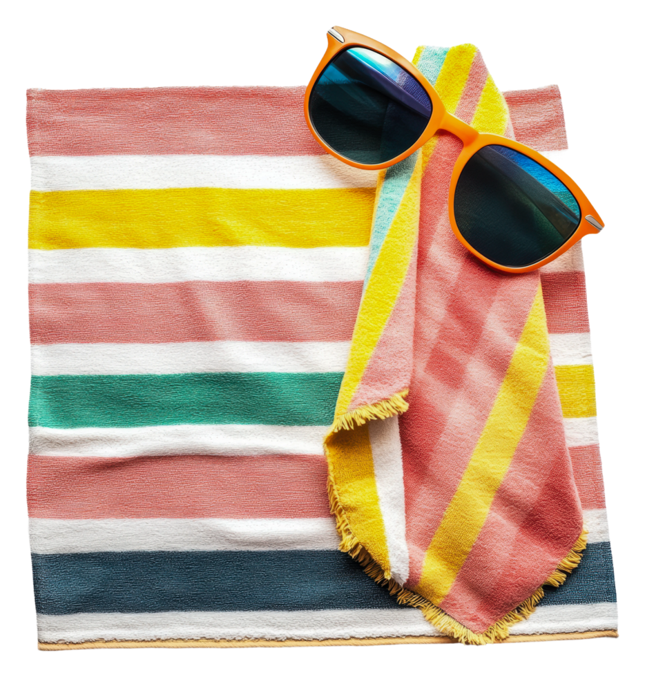 Colorful beach towel and sunglasses on a sunny day png