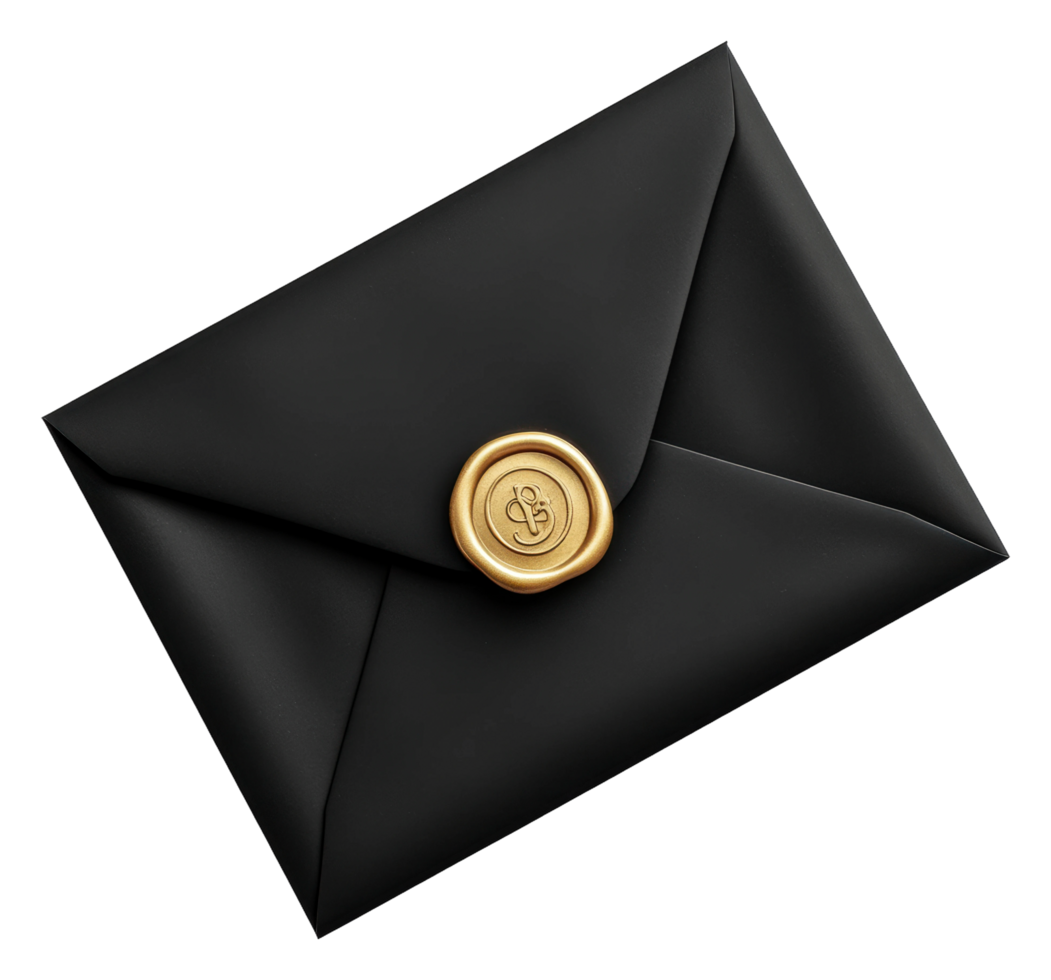 Elegant black envelope sealed with wax at dusk png