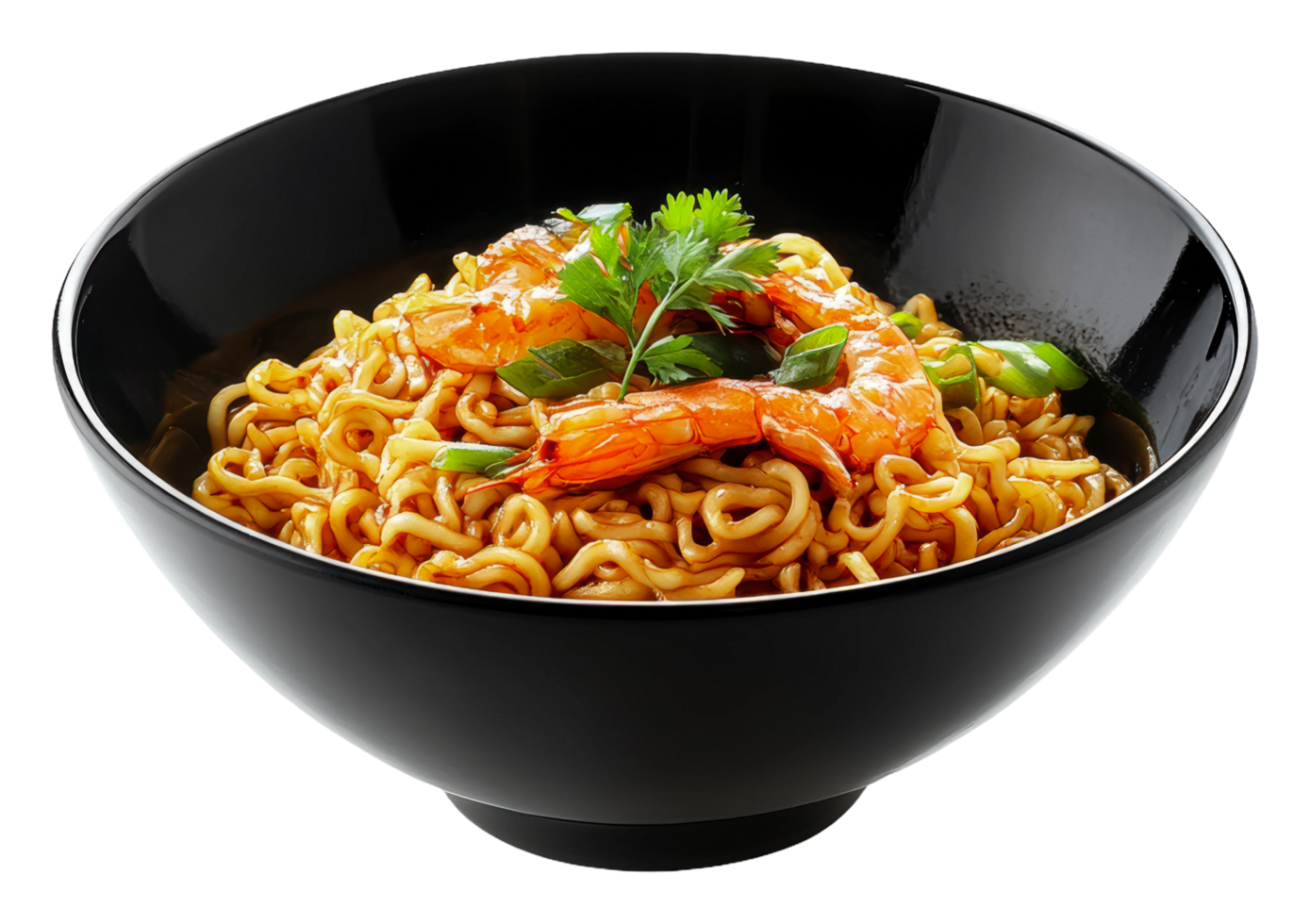 Shrimp noodles with garnish in a bowl png