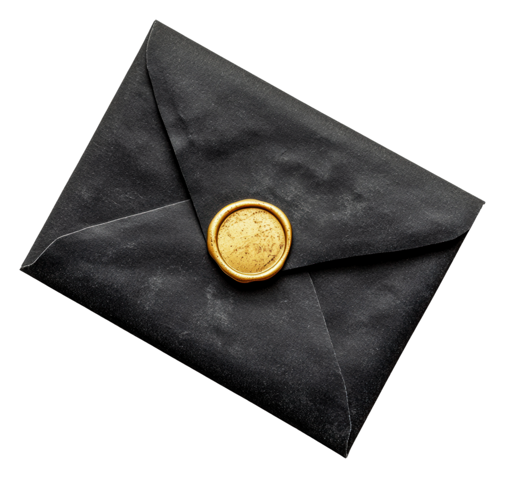 Elegant black envelope sealed with a wax stamp png
