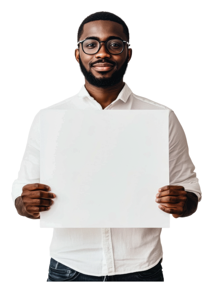Young man holding a blank sign in a studio setting png