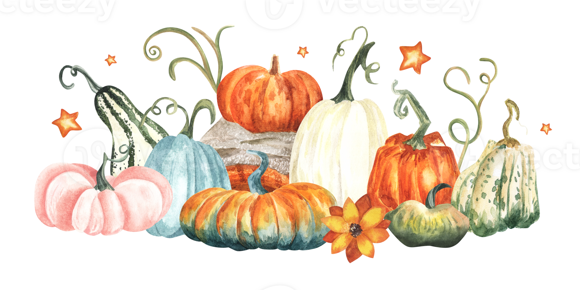 Watercolor pumpkins composition. Hand painted green, blue , white and orange pumpkins with leaves isolated on white background. Autumn harvest. Botanical illustration for design, print or stickers png