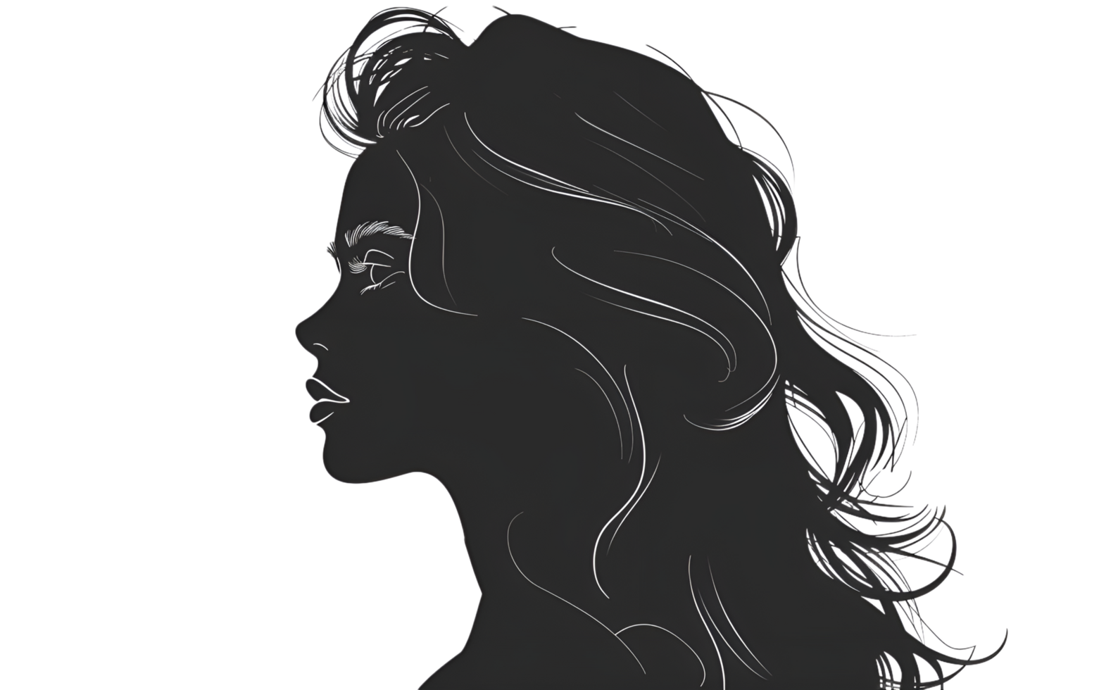 Silhouette of a woman with long flowing hair isolated on transparent background png