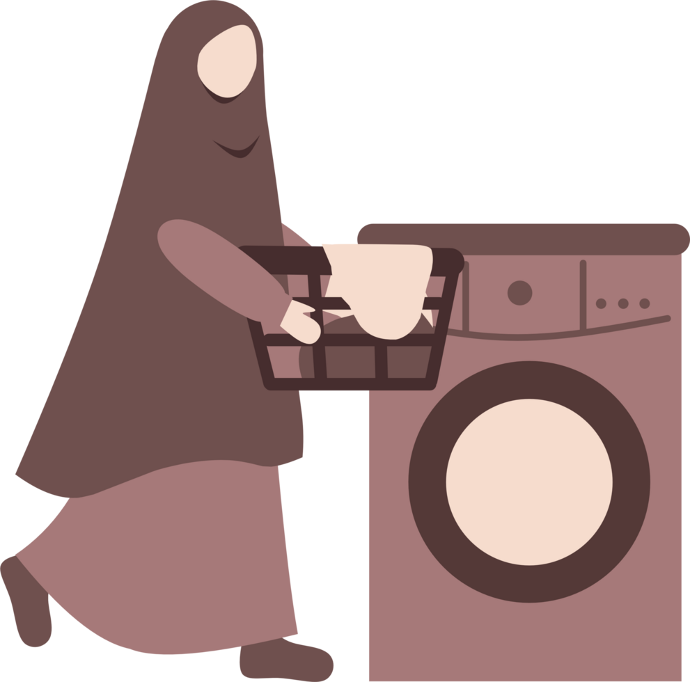 Mother with hijab doing laundry or washing clothes. Housewife activity illustration png