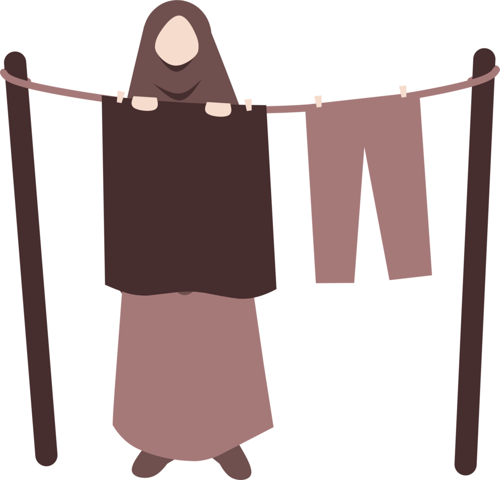Mutter mit Hijab Trocknen Kleidung. Hausfrau Aktivität Illustration png