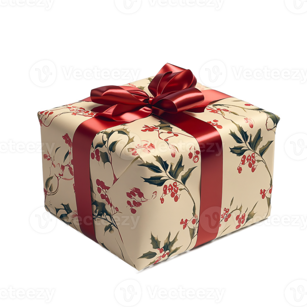 Gift box with Christmas pattern yellow wrapping paper and red bow png