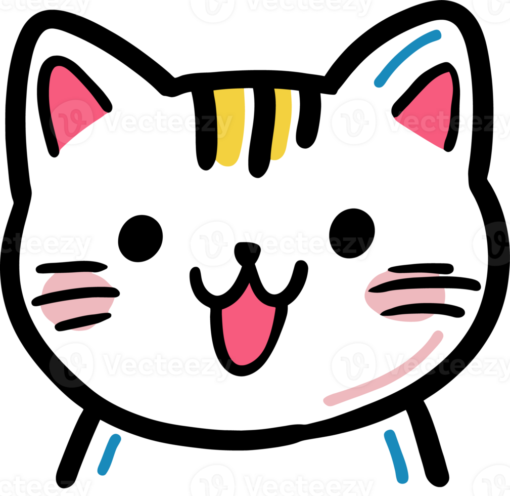 Cute Cartoon Cat Face with Colorful Details and Happy Expression Illustration png