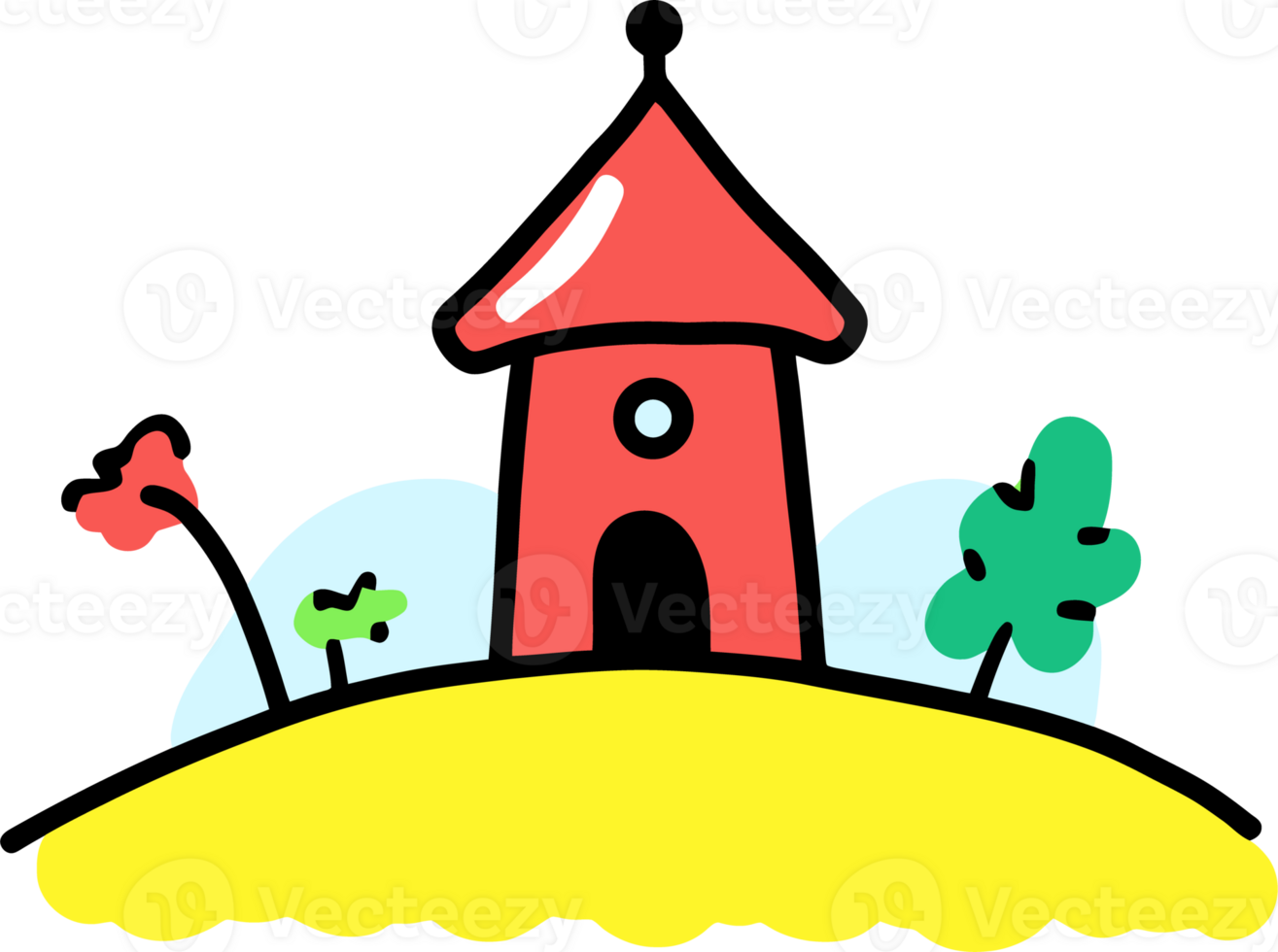 Colorful Cartoon House on a Hill with Trees and Cloudy Sky in the Background png