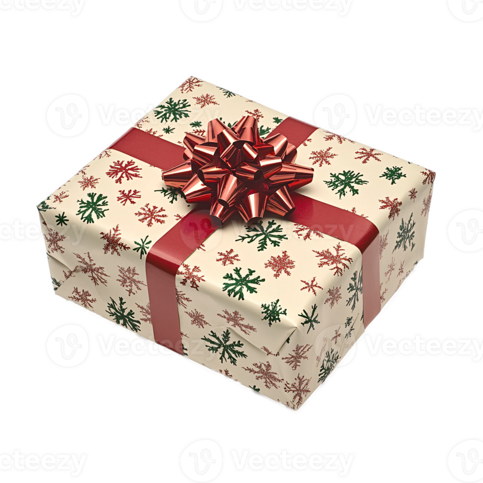 Gift box with yellow wrapping paper, Christmas pattern and red bow png