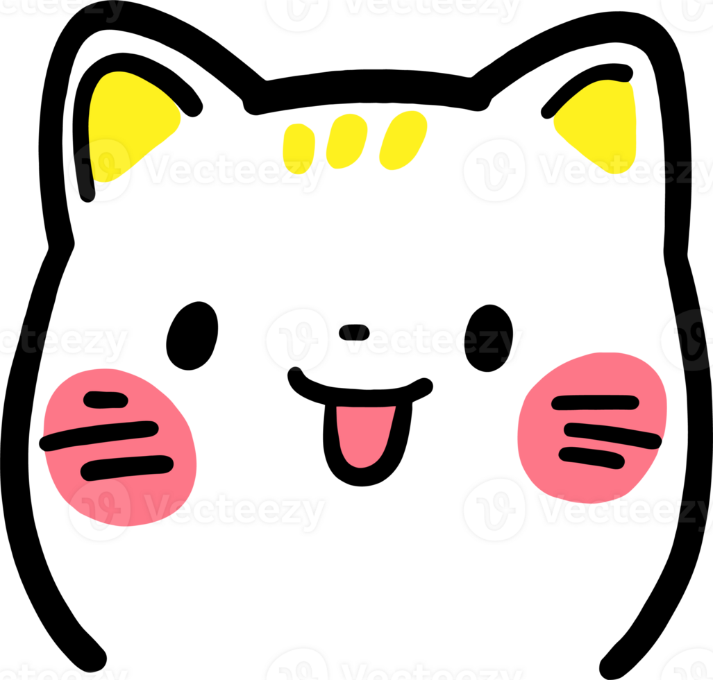 Cute Kawaii Cat Illustration with Yellow Ears, Pink Cheeks, and Playful Expression png