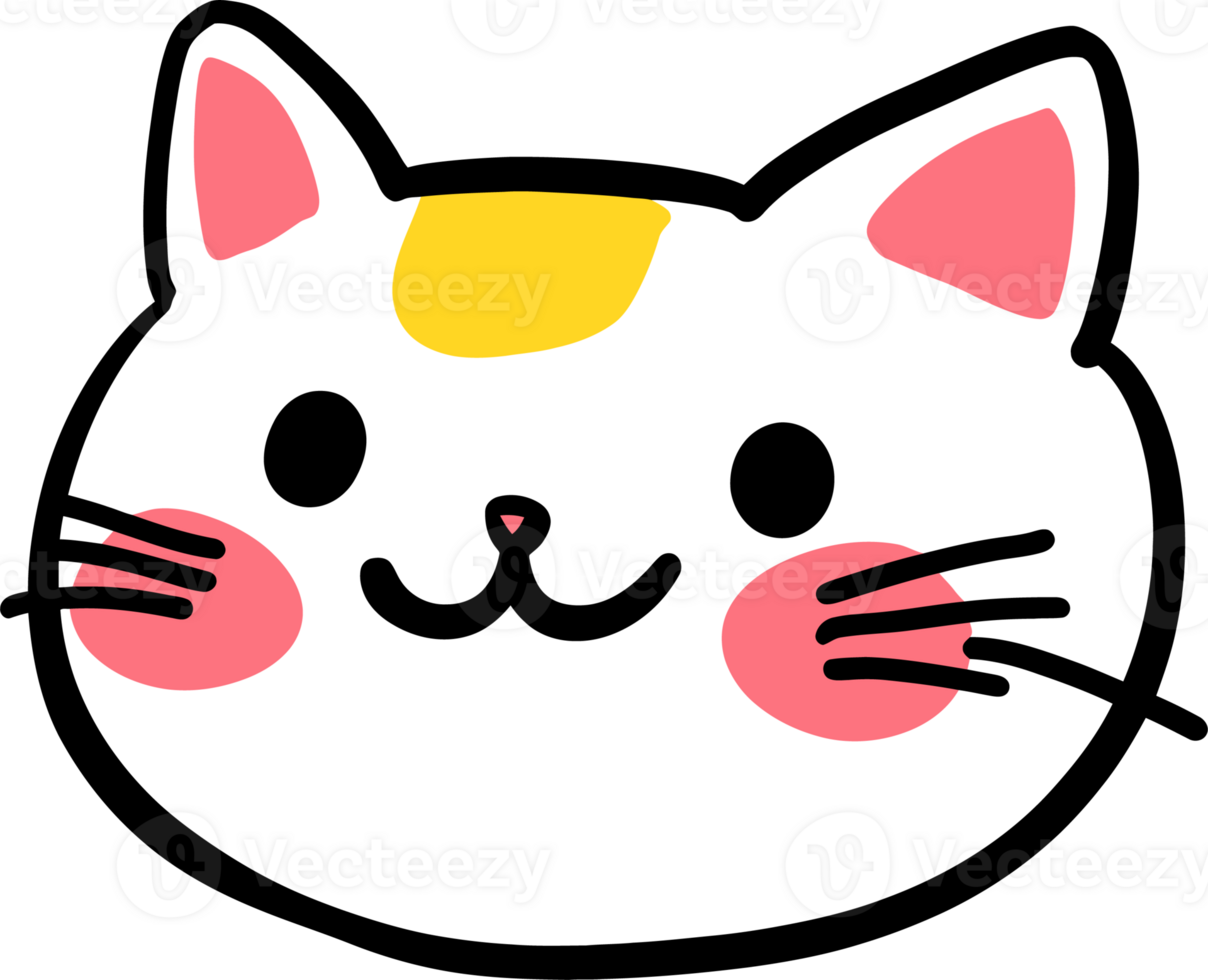 Cute Cartoon Style Cat Face with Pink Ears and Whiskers on Black Background png
