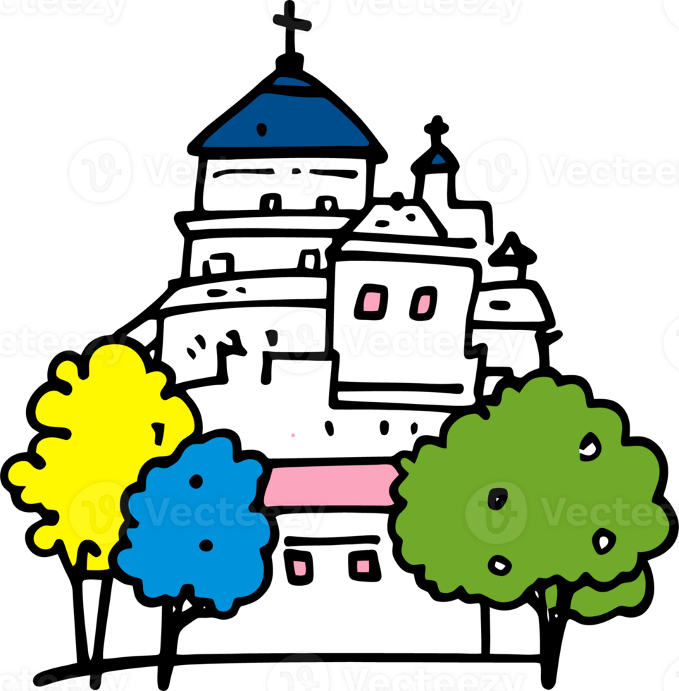 Colorful Hand-Drawn Village Illustration with Trees and Houses png