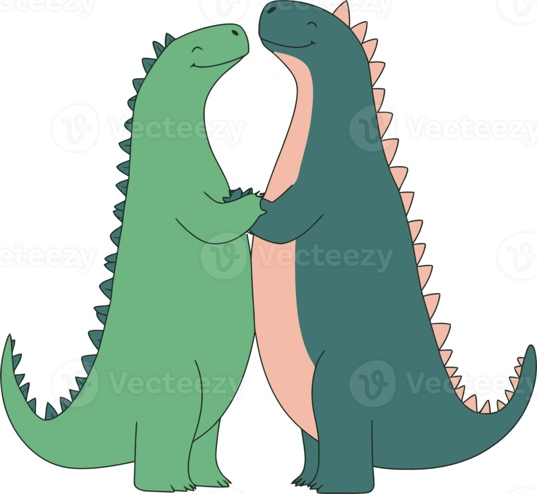 Cute Cartoon Dinosaurs in Love Embracing Each Other with Smiling Faces png