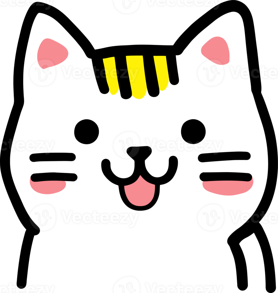 Minimalist Cat Face Illustration with Pink Ears, Yellow Stripes, and Cute Expression png