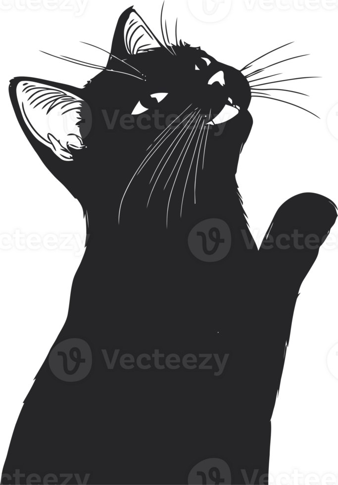 Silhouette of a Playful Cat with Raised Paw Against png