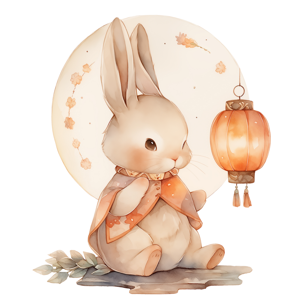 A white rabbit with an orange lantern png