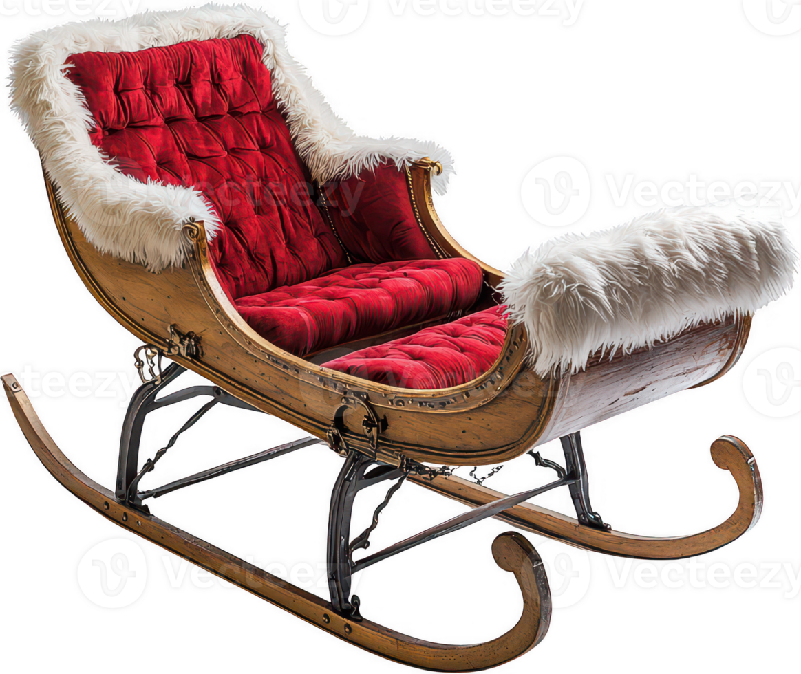 Cozy winter rocking chair with red cushions and plush white fur lining png