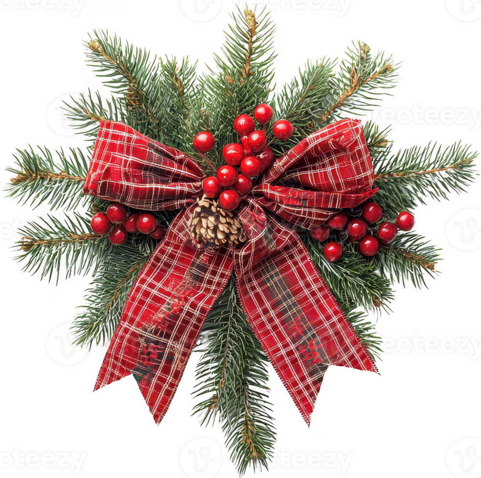 Christmas wreath with pine branches, red berries, and plaid ribbon bow png