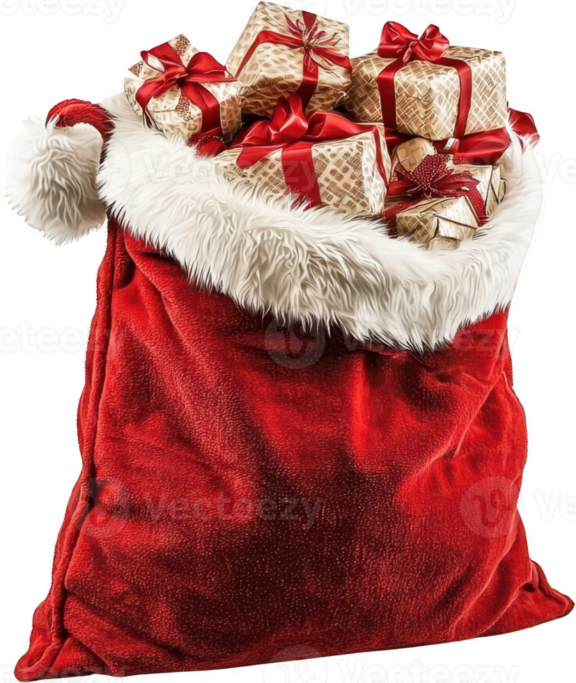 Santa's sack filled with Christmas gifts and presents in red velvet bag png