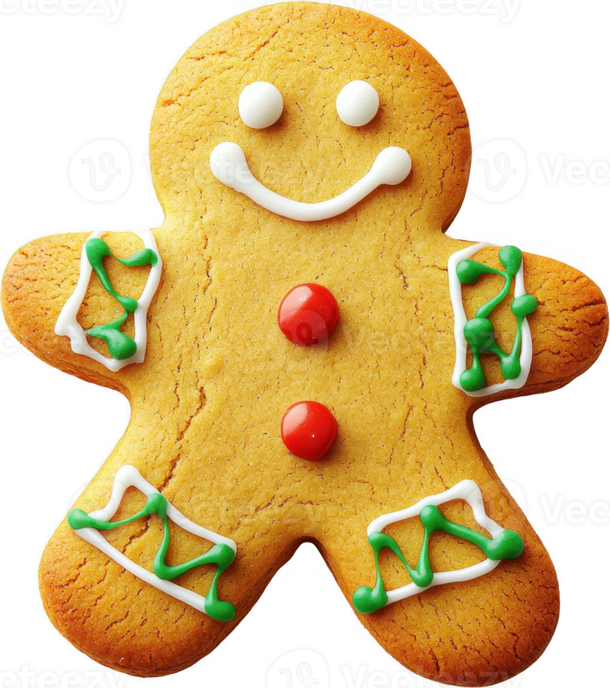 Cheerful gingerbread man cookie with smiley face and colorful decorations png