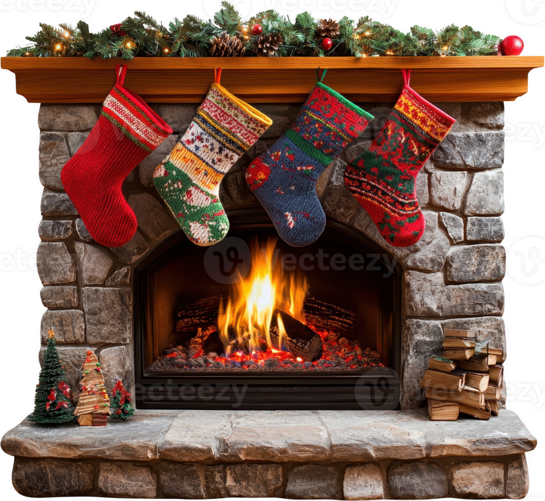 Cozy fireplace with Christmas stockings and decorations png