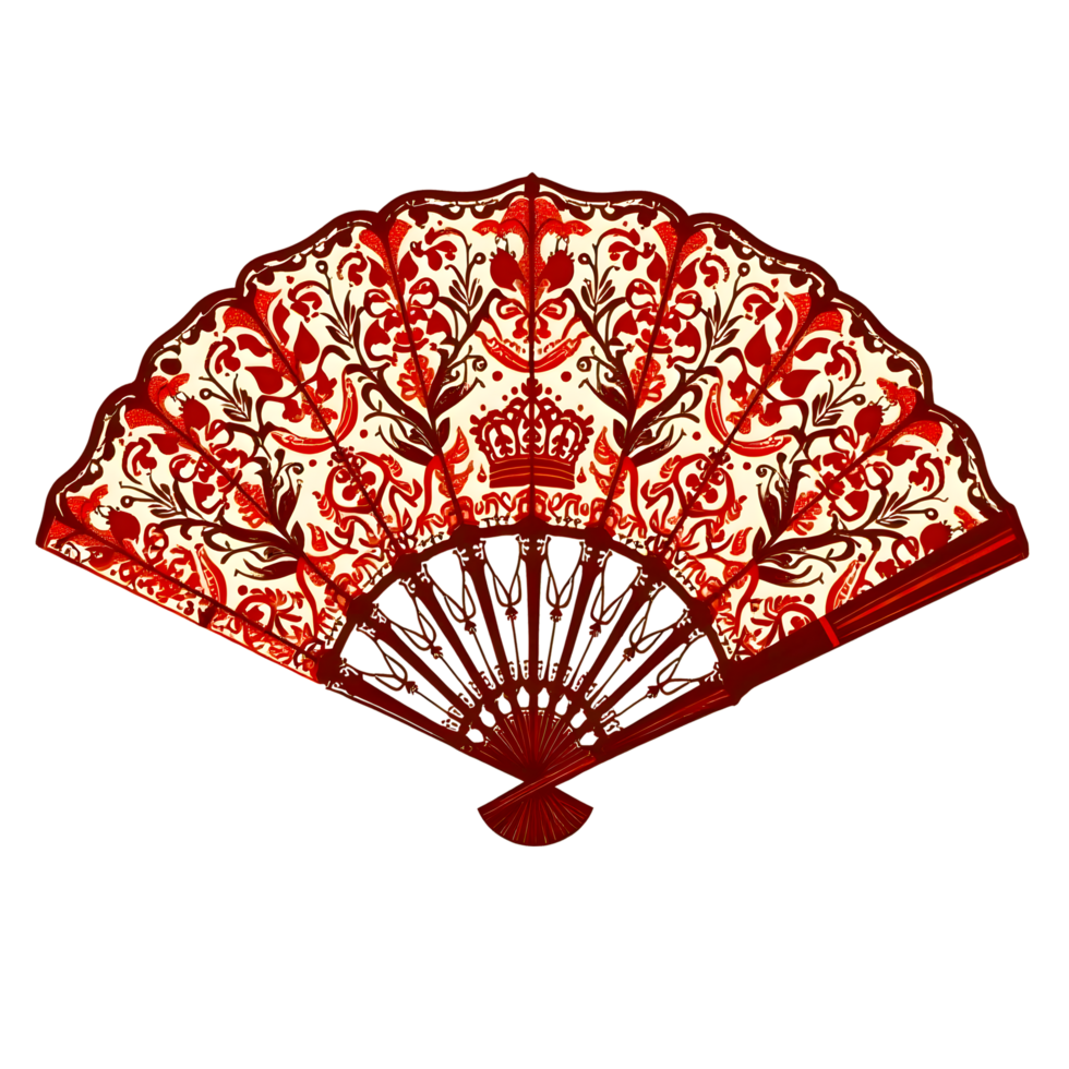 Handheld Folding Fan with Intricate Floral and Paisley Motifs png