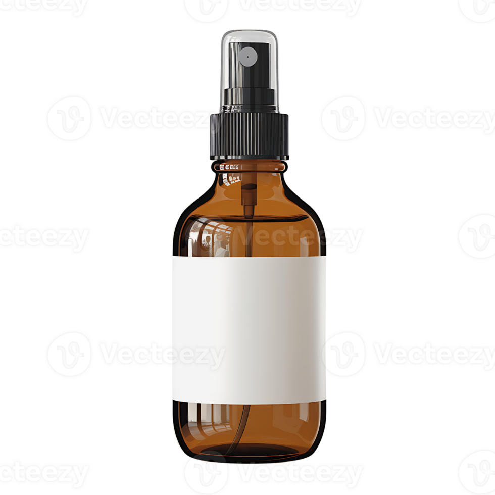 glass bottle with a black spray nozzle and a blank white label isolated on transparent background png