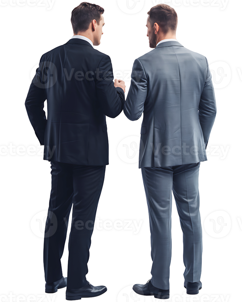 Two men in suits are standing facing each other talking something isolated on transparent background png