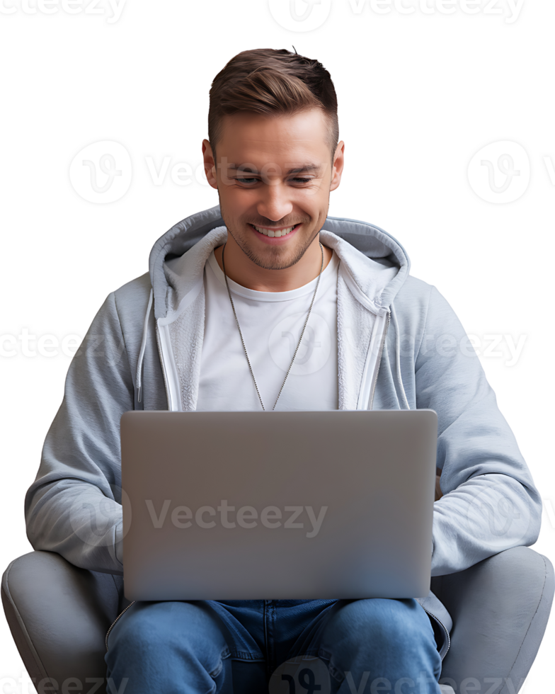 young man in a grey hoodie sits and smiles as he uses a laptop isolated on transparent background png