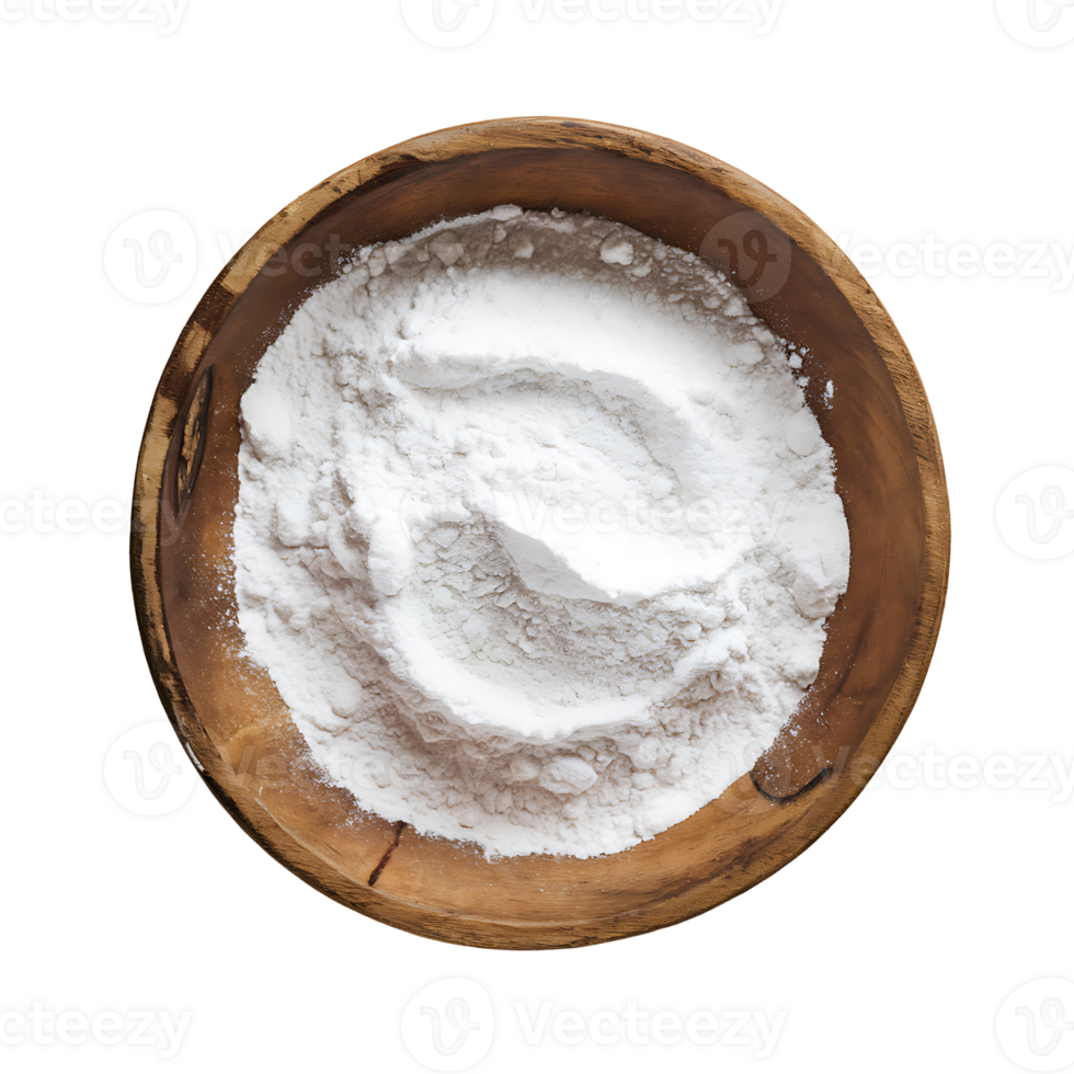 wooden bowl contains a mound of white powder isolated on transparent background png