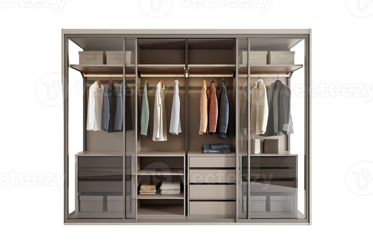 contemporary wardrobe with sliding glass doors showcases an organized system of hanging clothes and shelves isolated on transparent background png