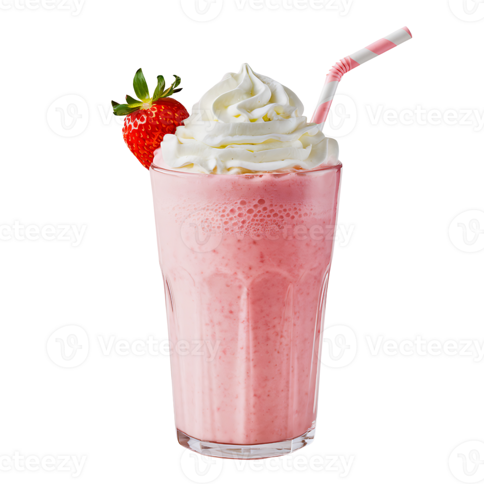 strawberry milkshake topped with whipped cream and a straw isolated on transparent background png